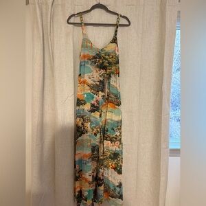 Scenic Print Maxi Slip Dress in Turquoise & Coral